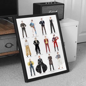 David Bowie Outfits, A3 or A2 Print - Collection of 12 Illustrated Bowie Fashion moments with titles
