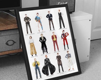 Może przedstawiać: Czarno-biały ilustrowany plakat przedstawiający różne wizerunki Davida Bowie w ciągu jego kariery. Plakat zawiera nazwy poszczególnych wizerunków, takich jak "Blackstar Bowie", "Ziggy Stardust" i "Hunky Dory".