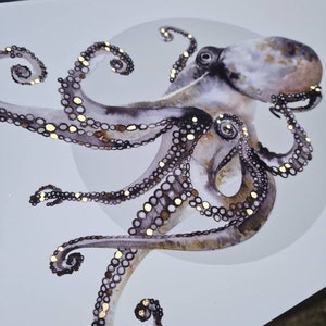 Golden Octopus Print, Watercolour and Gold Leaf - A4 or A3 - Underwater Art, Bathroom