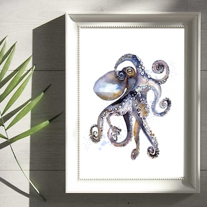Kleurrijke octopusprint, aquarelkunst, A5, A4 of A3 - kunst aan de muur badkamer, inktvis, koppotigen, kwallen