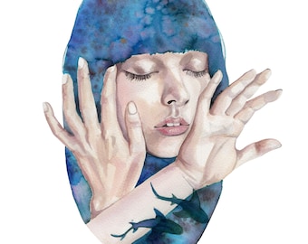May include: Watercolour painting of a person with blue hair and closed eyes. The person's hands are covering their face. The painting has a blue and purple colour scheme with a silhouette of a shark on the person's arm.