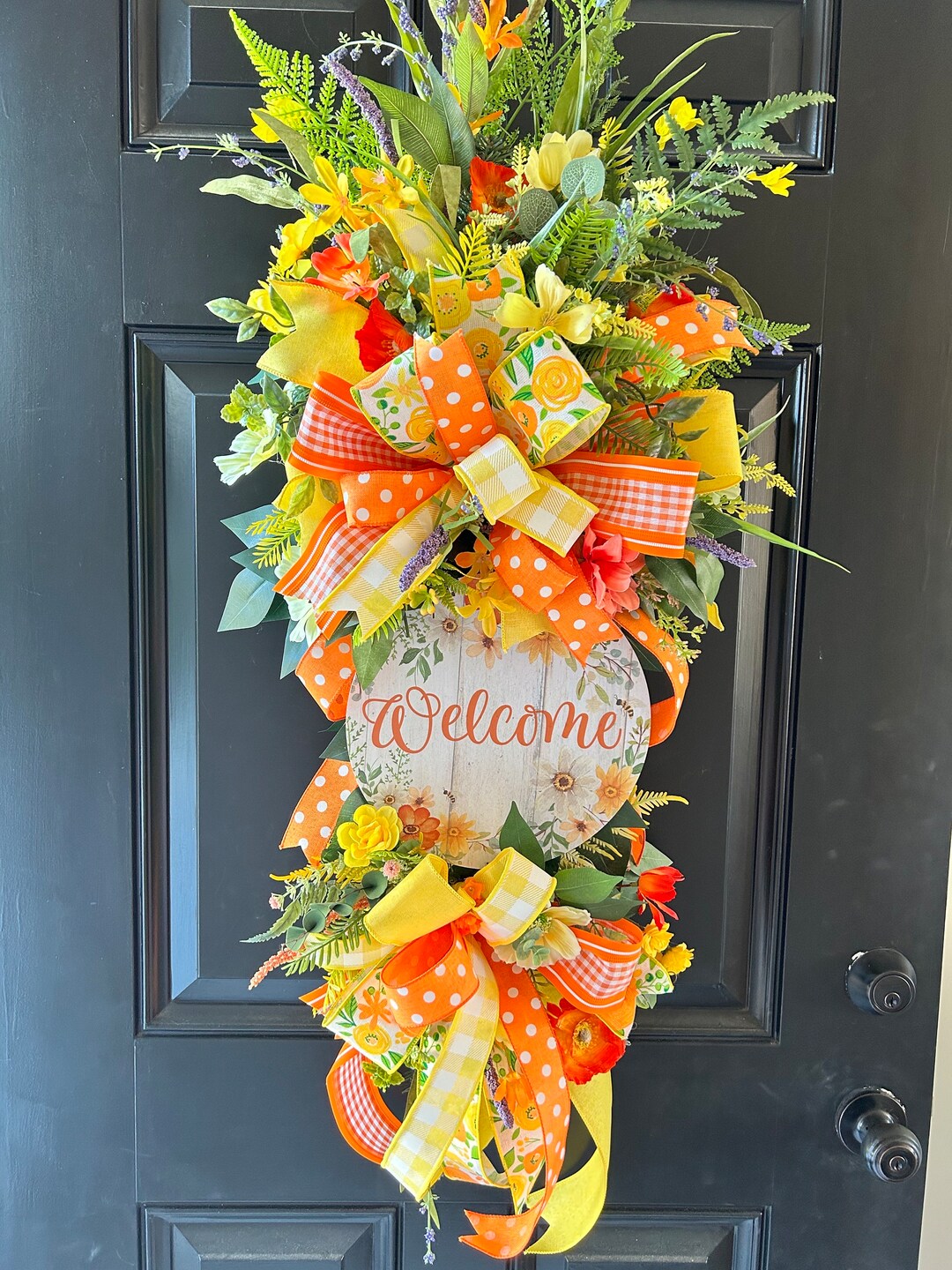 Charming Welcome Door Teardrop Swag With Warm Yellow and Orange Ribbons ...