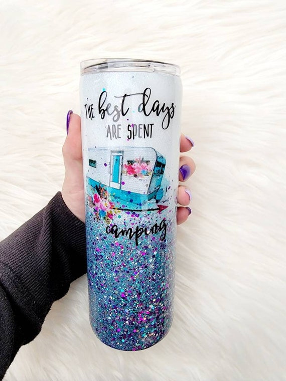 Camping Tumbler, Happy Camper Tumbler, Camping Glitter Tumbler