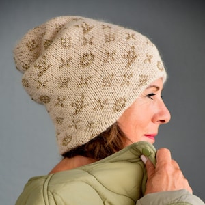 Wintermütze, Gestrickt, Beaniemütze, Doppelmütze, Gemusterte Mütze, Wollig, Beige, Lurex