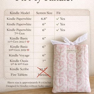 May include: A quilted Kindle sleeve with a pink floral pattern and a white ribbon closure. The image includes a chart detailing Kindle model compatibility, with a sleeve size of approximately 8 x 6 inches.