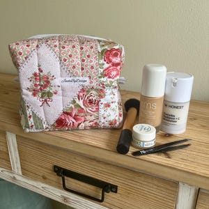 Large Quilted Makeup Bag | Handmade Floral Cosmetic Organizer | Travel Toiletry Bag | Bridesmaid Gift