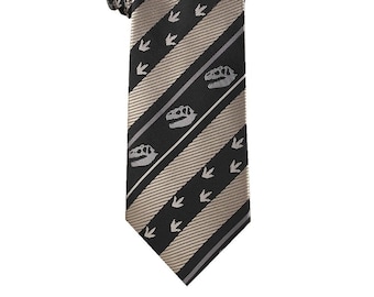 Allosaurus Dinosaur Tie for boys ages 8-14, Fashionable Dinosaur Lover Necktie with Dinosaur Skull and Fossil Tracks Stripe Tie