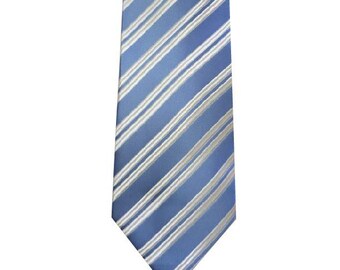 May include: A blue tie with white and light blue diagonal stripes. The tie is a classic accessory, suitable for formal or business attire. The stripes create a visually appealing pattern.
