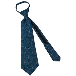 May include: A teal-colored, pre-tied necktie with a paisley pattern. The tie features a loop for easy wear and a dark, solid-colored back. The paisley design includes swirls and teardrop shapes in a lighter shade of teal.