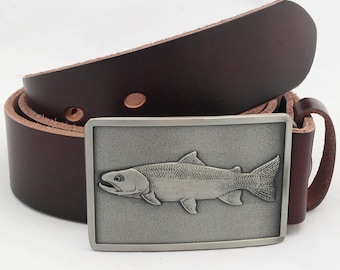 Trout Buckle with 100%  Genuine leather belt, Fishing Belt, Fly Fishing Buckle, Designer Belt, Sporting Buckle, Trout Belt