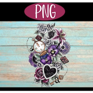 Alice In Wonderland Collage PNG. Waterslide, Sublimation, Sticker, Printable Image, Clock, Tea Pot, Watch, Floral, Rose, Key. Heart, Lily