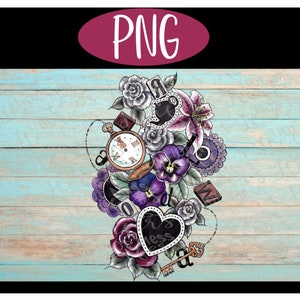 May include: A digital illustration of a heart with the word "Madness" written on it, surrounded by flowers, a pocket watch, a key, and other whimsical elements. The background is a light blue wooden surface.