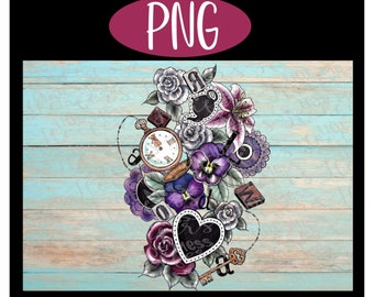Alice In Wonderland Collage PNG. Waterslide, Sublimation, Sticker, Printable Image, Clock, Tea Pot, Watch, Floral, Rose, Key. Heart, Lily