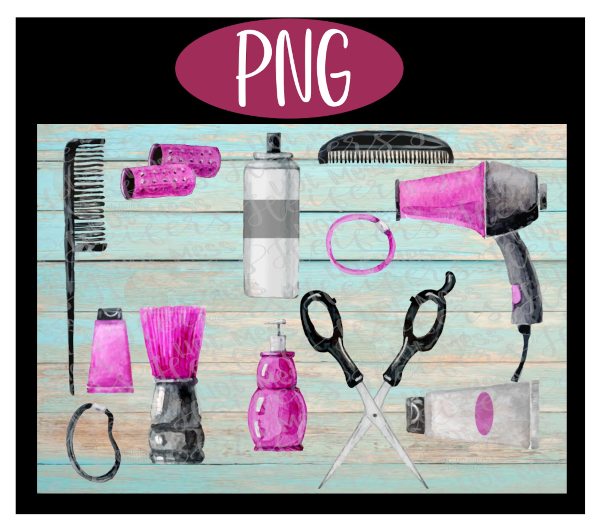 12 Image Hair Dresser Bundle PNG - Sublimation, Waterslide, Decal, Logo, Sticker, Transfer, Comb, Hair Spray, Curler, Blow Dryer, Shears