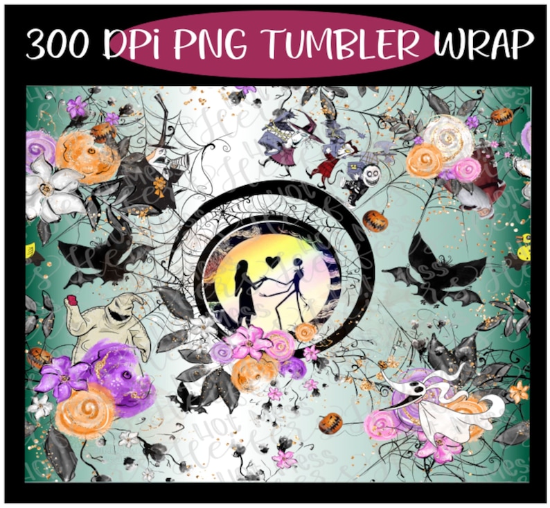May include: A digital design featuring a whimsical pattern of Jack Skellington and Sally from The Nightmare Before Christmas. The design includes a full moon, hearts, flowers, and bats. The design is perfect for creating a custom tumbler wrap.