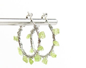 Raw Stone Hoop Earrings Peridot Birthstone Jewelry - Statement Gemstone Earrings Women Gift -  Stainless Steel Hoops Green Circle Ear Spear