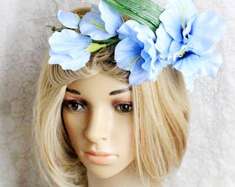 Forest Fairy jewelry - Blue flower tiara floral hair jewelry Fairy hairpiece flower girl gift under 20 Blue crown flower tiara for headpiece
