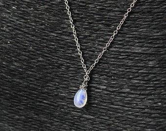 Blue Moonstone Necklace - Gemstone Jewelry Silver - Gold Drop Necklace for Wife Gift - Birthstone Necklace - Layering Tiny Necklace For Her