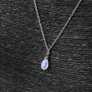 Blue Moonstone Necklace Gemstone Jewelry Silver Gold Drop Necklace for Wife Gift Birthstone Necklace Layering Tiny Necklace For Her image 1