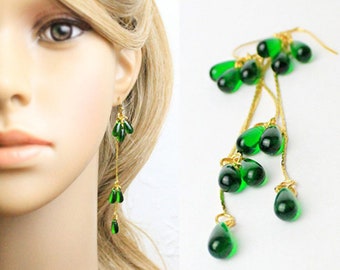 Green Earrings 14 K Gold Bridesmaid Jewelry Rain Unique Earrings For Girlfriend, Emerald Earrings Long, Bohemian Jewelry Sale Gift For Women
