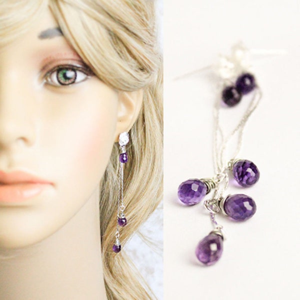 Amethyst Stud Earrings Sterling Silver - Threads Earrings Dangle - Purple Bohemian Jewelry - Chic Earrings Gemstone Jewelry Gift For Friend