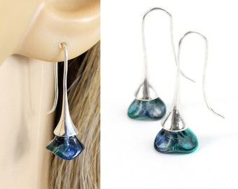 Green Blue Earrings Sterling Silver - Floral Botanical Earrings 35 birthday gifts for women - Dark Blue Celestial Jewelry - Dark Green Ear