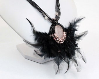 Black Pink Necklace - Black Feather Necklace - Spearhead Necklace - Rose Quartz Necklace - Lace Necklace - Fairy Necklace - Blush Pink