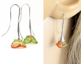 Green Orange Tulip Earrings for Girlfriend Gift - Bright Jewelry Drop earrings - Small Jewelry Gift for Women - Peach Pear Earrings under 30