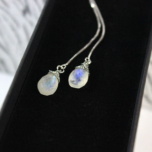 Moonstone Threader Earrings Minimalist Bridal Jewelry June Birthstone Gift Modern Classic Wedding - Simple Everyday Earring Sterling Silver
