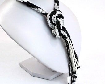 Lariat Necklace - Black White Necklace - Classical Necklace - Classy Jewelry - Monochrome Jewelry - Tie Necklace - Long Necklace -Y Necklace