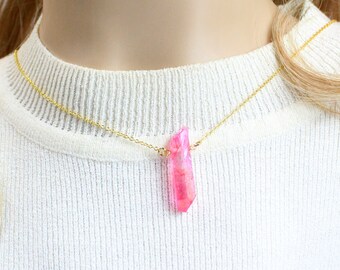 Hot Pink Titanium Crystal Quartz Necklace Gold Jewelry for sister gift unique minimalist necklaces for sister 18, 25 birthday gifts under 20