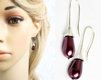 purple pearl drop earrings pearl wedding silver purple jewelry bridesmaids earrings glass pearl jewelry black pearl gifts for her under F269