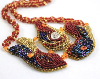 Leo Fire Necklace - Zodiac sign Jewelry - Lion Necklace - Beaded Art - Black Gold Necklace - Amber Pendant - Celestial Necklace - Red Gold