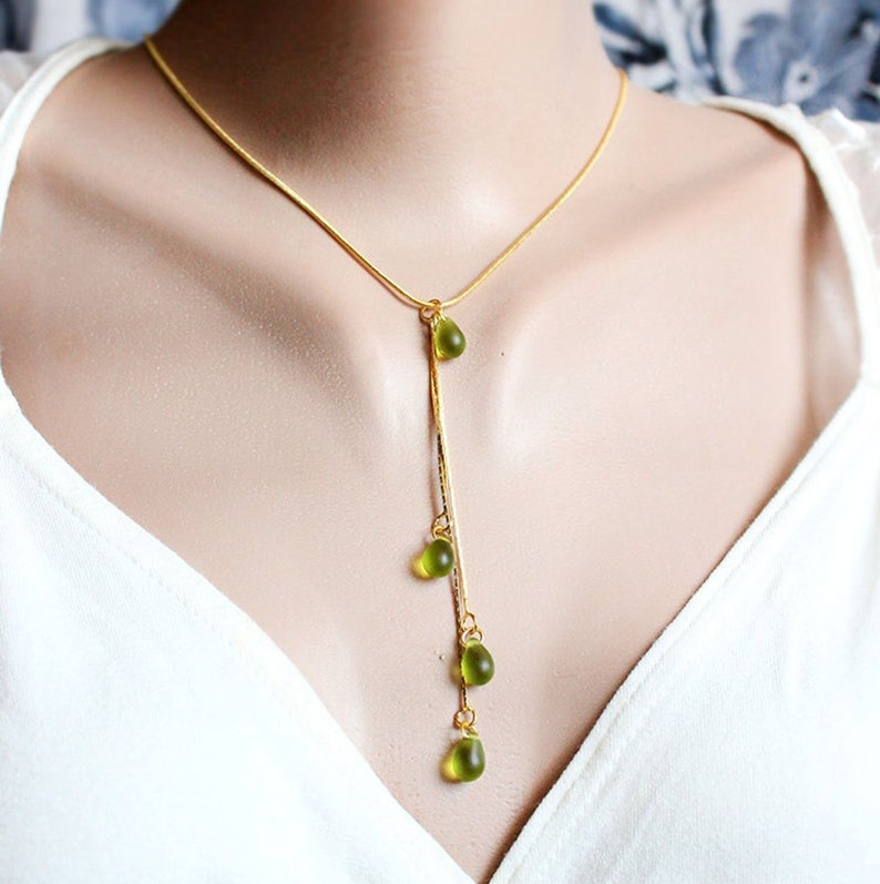 Emerald Necklace Gift For Her Elegant Jewelry For Girlfriend Gift Gold Green Necklace Olive Green Pendant Holiday Jewelry For Women image 1