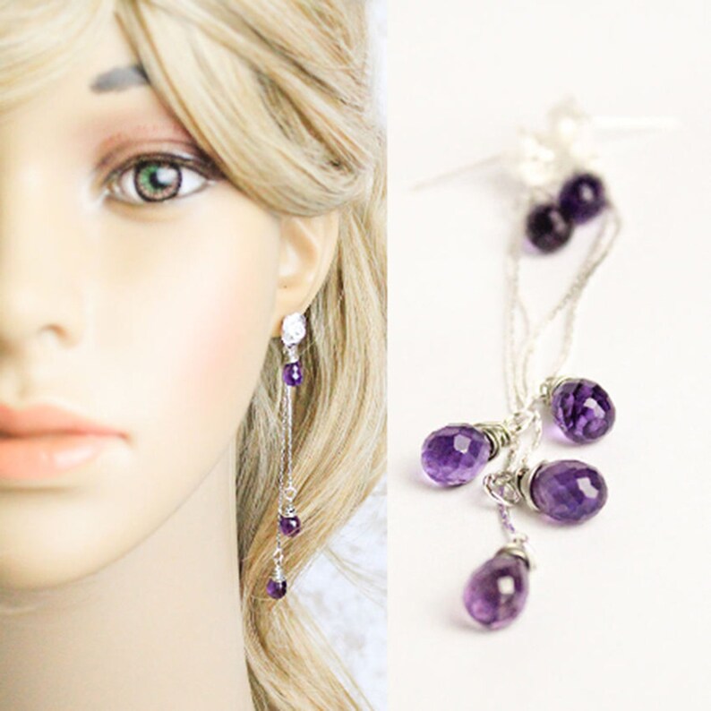 Amethyst Stud Earrings Sterling Silver Threads Earrings Dangle Purple Bohemian Jewelry Chic