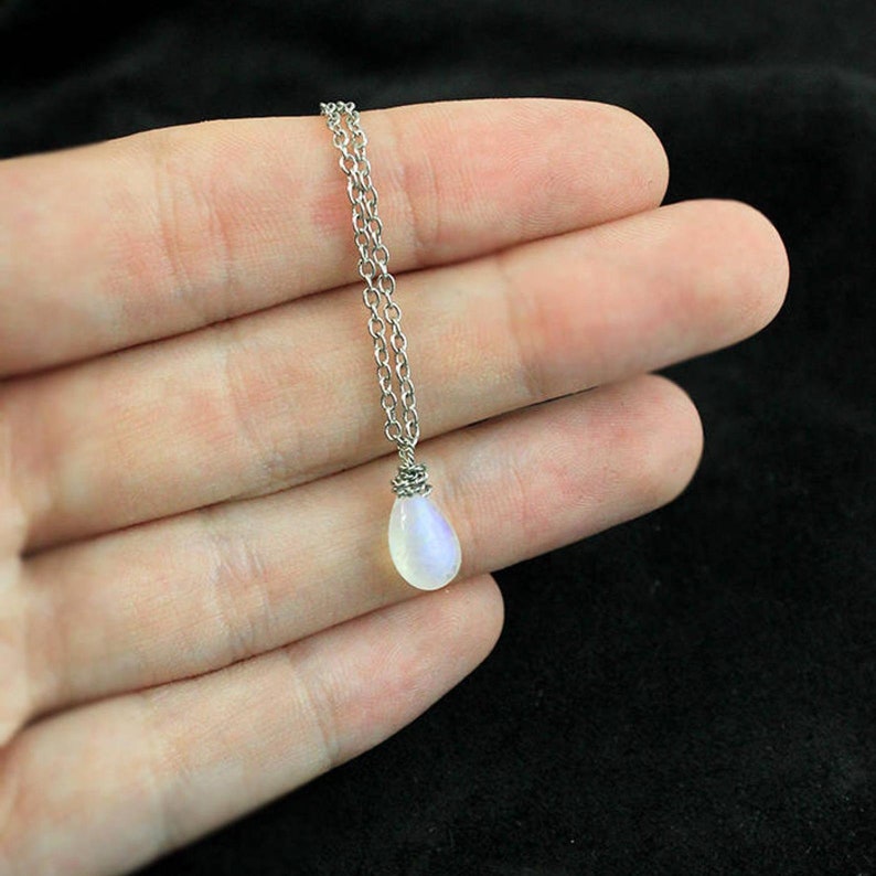 Blue Moonstone Necklace Gemstone Jewelry Silver Gold Drop Necklace for Wife Gift Birthstone Necklace Layering Tiny Necklace For Her image 8