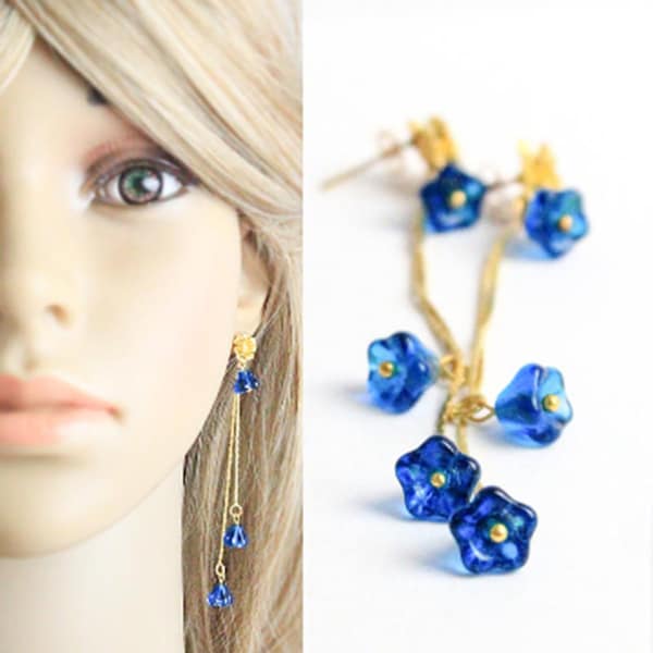 Beach Long Blue Studs for Sister - Gold Cobalt Studs Earrings Dangle Royal Jewelry for Women Gift - Costume Jewelry 21 birthday Gift for Her