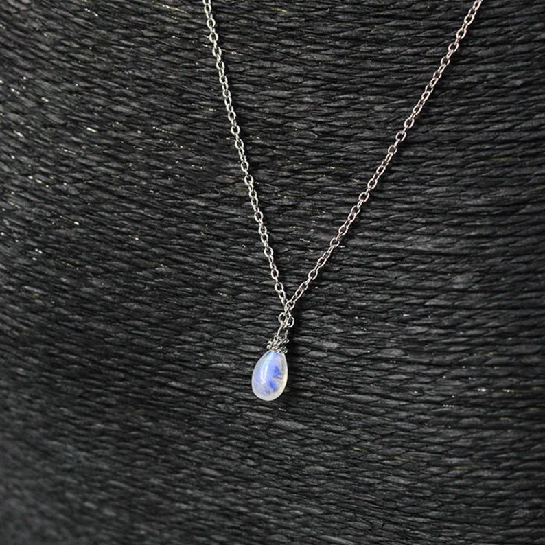 Blue Moonstone Necklace Gemstone Jewelry Silver Gold Drop Necklace for Wife Gift Birthstone Necklace Layering Tiny Necklace For Her image 1