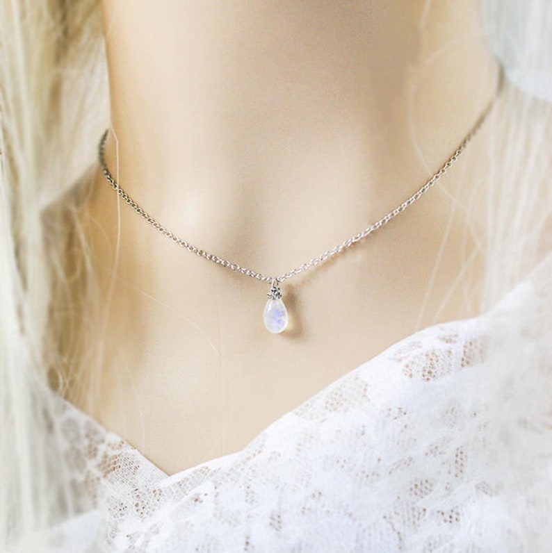 Blue Moonstone Necklace Gemstone Jewelry Silver Gold Drop Necklace for Wife Gift Birthstone Necklace Layering Tiny Necklace For Her image 6