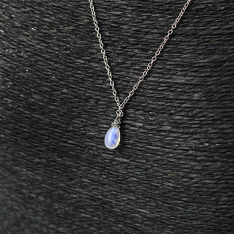 Blue Moonstone Necklace Gemstone Jewelry Silver Gold Drop Necklace for Wife Gift Birthstone Necklace Layering Tiny Necklace For Her image 5