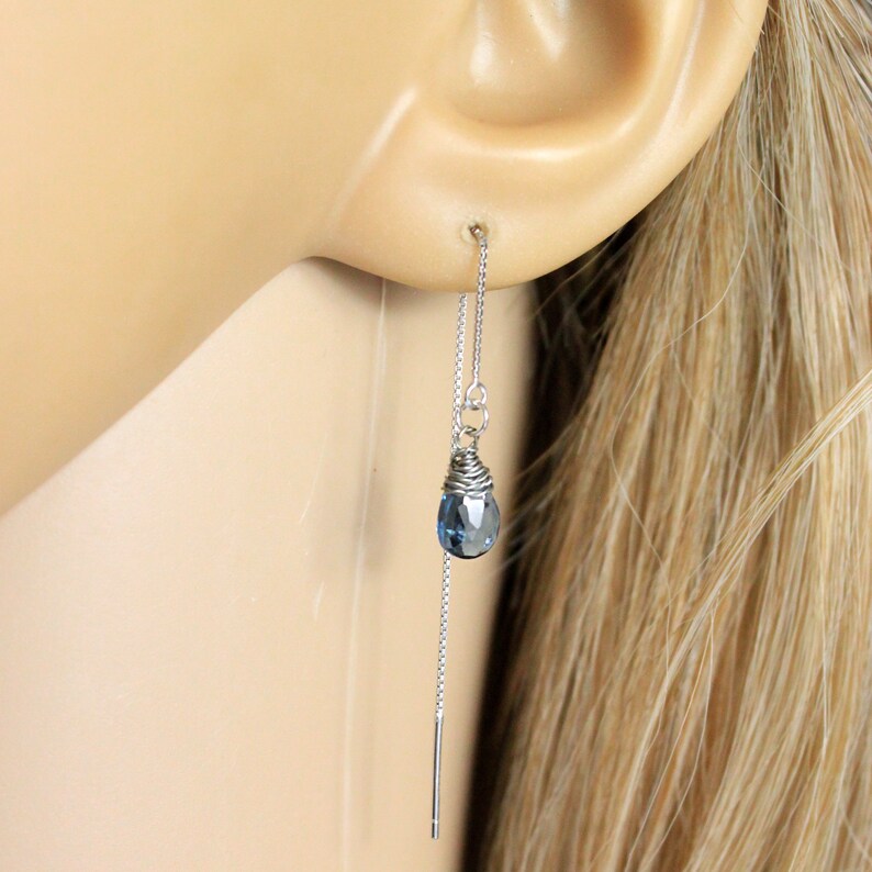 Blue Topaz Earrings for Women Gemstone Jewelry Anniversary Gift Delicate Earrings Threader Blue Birthstone Silver Earring Modern Style image 8