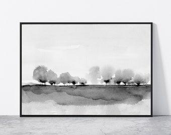 Black Gray Landscape Tree Wall Art Print Watercolor Printable Monotone Abstract Download DIY Print Watercolor Painting Neutral Large Size