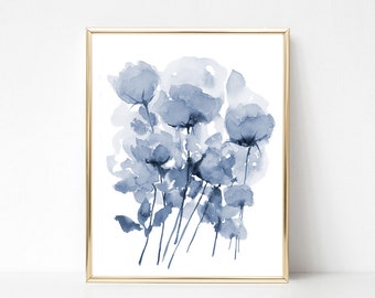 Watercolor Blue Flower Printable Wall Art Abstract Flower Print Indigo Floral instant Digital Download Artwork White and Blue