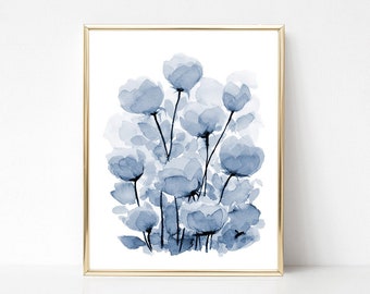 Watercolor Blue Flower Printable Wall Art Abstract Flower Print Indigo Floral instant Digital Download Artwork White and Blue