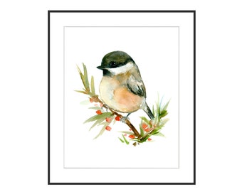 Chickadee Bird Art Print instant Download Small Bird DIY Printable Minimal Animal Wall Decor Watercolor Painting JPG Files