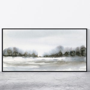 Winter Tree Landscape Panorama Printable Wall Art Watercolor Print Digital Instant Download Neutral Scenic Peaceful Scenery Gray Black White