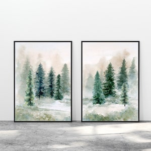 Pine Tree Print Set of 2 Printable Wall Art instant Download DIY Print Watercolor Winter Landscape Artwork Forest Evergreen Tree Home Decor