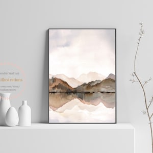 Neutral Landscape Mountain Lake Reflection Printable Abstract Watercolor Wall Art Download Print Vertical Poster Gray Brown