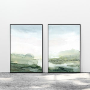 Abstract Green Landscape Printable Wall Art Watercolor Landscape Digital instant Download DIY Print Poster Set of 2 Vertical - Neutral Green