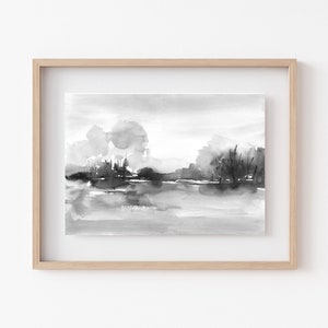 Black and White Landscape Print Printable Wall Art Minimal Abstract Landscape Download Watercolor Painting Field and Trees House Decor